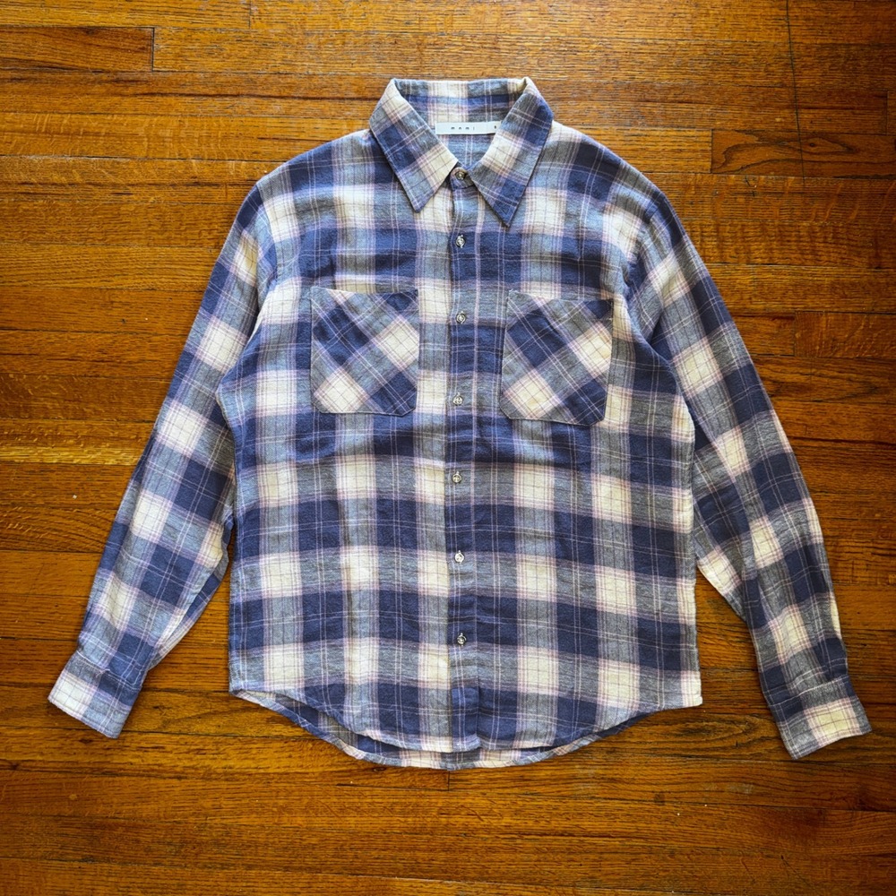mnml Mens Plaid Flannel‎ Shirt Blue Purple Cream Long Sleeve Cotton Size S